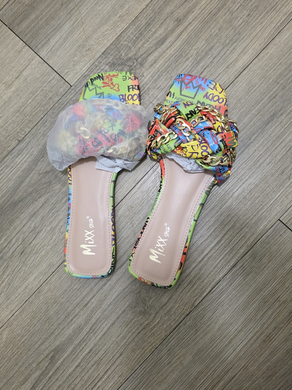 Colorful Graffiti Chain Slide Sandals - Picture 3 of 5